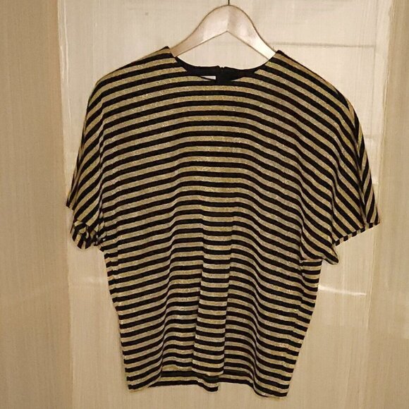 Caron Components Vintage Womens Black Sparkle Gold Stripe Knit Stretchy Top 14 - Picture 1 of 7